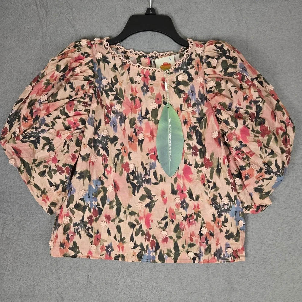 Farm Rio Anthropologie Puff-Sleeve Floral‎ Blouse Womens 2XS Top Button Lace NWT